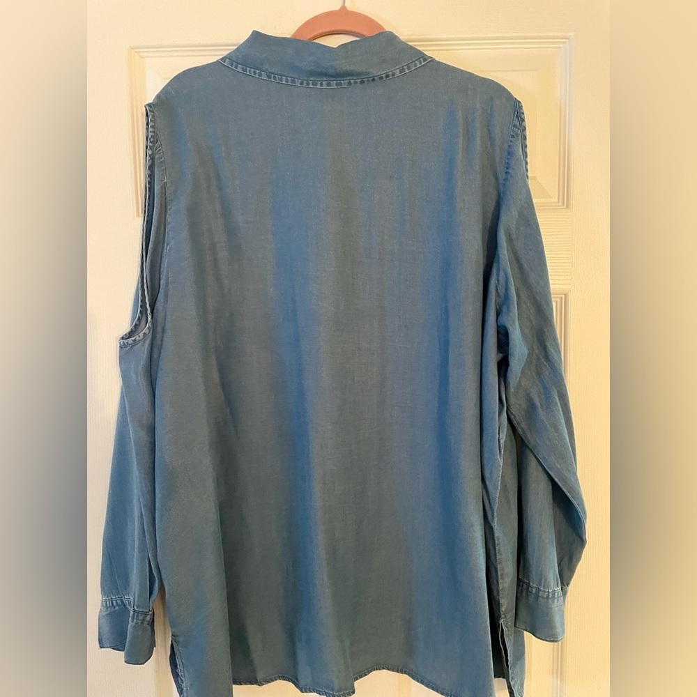 Soft Denim Relaxed Button Down Shirt – Cutout Shoulder, 3X - Picture 4 of 9